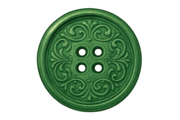 Vintage green button displaying delicate floral pattern, crafted with ornate details, resting against transparent backdrop