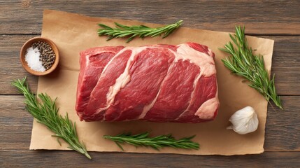 Fresh Raw Beef Cut with Rosemary, Garlic, Sea Salt, and Pepper on Rustic Wooden Table for Culinary Inspiration and Recipe Generation