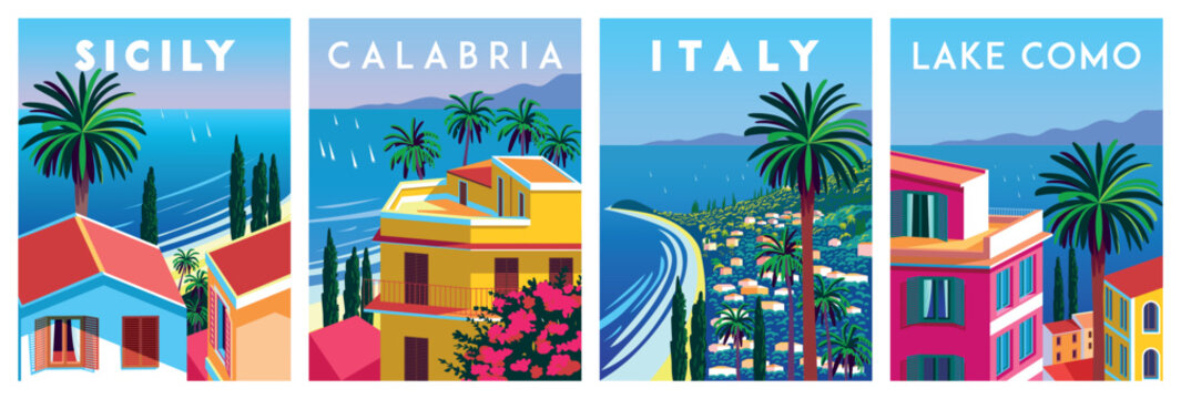 Vector Set of 4 mediterranean island cityscapes with italian small houses, blooming green trees, yachts, palms and blue sea in the background. Handmade drawing vector illustration.