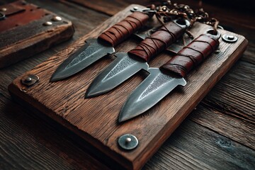 Handcrafted Set of Three Unique Throwing Knives with Leather Wrapped Handles, Displayed on a Rustic Wooden Stand, Perfect for Collectors and Enthusiasts