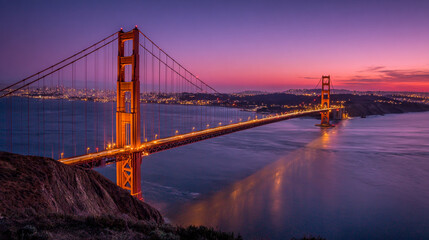 Golden Gate Bridge sunset view city lights twilight sky ocean landscape