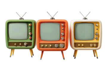 Trio of retro televisions in avocado green, tangerine, and cream, with rounded corners, convex screens and varied knob layouts, stacked offset like steps, isolated on transparent background.

