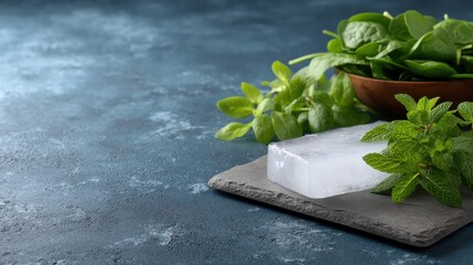 Fresh Greens Beside Ice Block on Frosty Metal Surface with Dark Background and Textured Finish