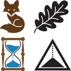 Four graphic icons silhouette fox, oak leaf, hourglass and triangle symbol
