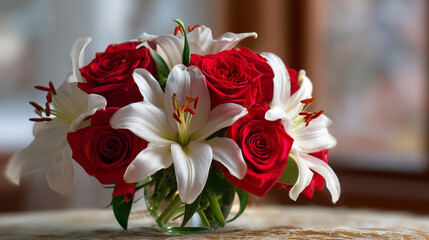“A charming bouquet of red roses and white lilies beautifully arranged in a glass vase, placed on a lace-covered table, creating a romantic and elegant atmosphere.” 🌹✨