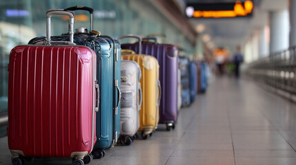 Colorful suitcases lined up in airport hallway awaiting travelers