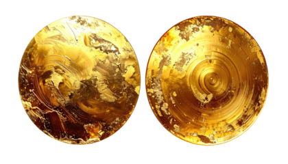 Two golden, circular discs, seemingly metallic, with swirling patterns and texture.  Each disc displays a unique abstract design