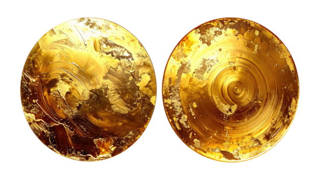 Two golden, circular discs, seemingly metallic, with swirling patterns and texture.  Each disc displays a unique abstract design