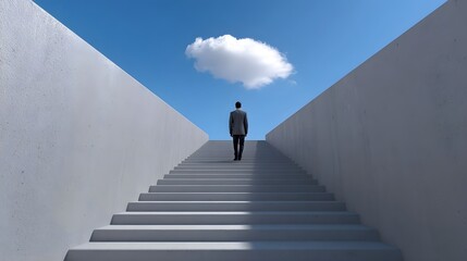 A person walking up a set of minimalist stairs, representing the journey towards professional growth, achievement, and new possibilities