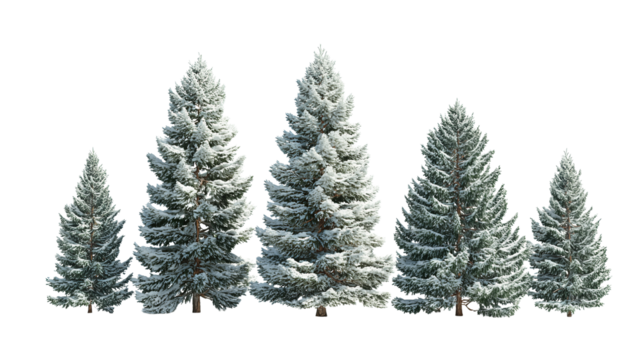 Row of five snowy evergreen trees in alternating heights, heavier snow on branch tips, trunks faintly visible, arranged in a gentle curve, isolated on transparent background.
