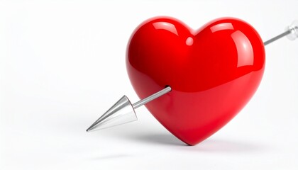 Glossy red 3D heart pierced by silver arrow on white background