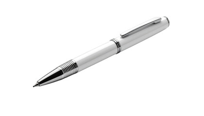 Sleek, white ballpoint pen angled, metallic finish