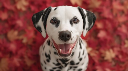 Happy Dalmatian Dog Sitting on Vibrant Red Autumn Leaves with a Cheerful Expression in a Nature-Inspired Setting