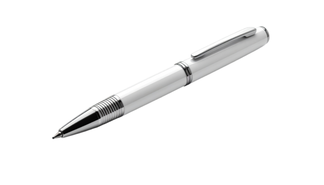 Sleek, white ballpoint pen angled, metallic finish