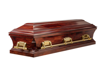 Mahogany coffin design featuring polished brass side handles, beveled top, and fine satin grain texture with wear details, isolated on transparent background.
