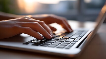 Closeup view of a person's hands typing on a laptop keyboard in a modern, focused work environment.