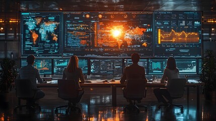 Team in a futuristic control room analyzing global data on multiple large interactive screens