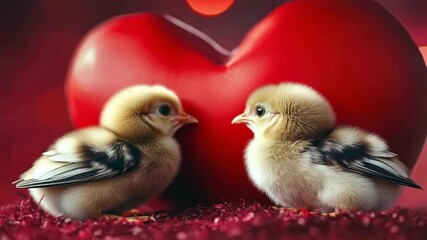 Two baby chickens are sitting near a big red heart on a red background with bokeh, celebrating valentine's day