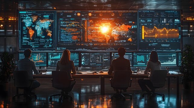 Team in a futuristic control room analyzing global data on multiple large interactive screens