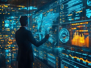 Businessman interacting with a vast digital dashboard displaying global data analytics and charts on a large screen