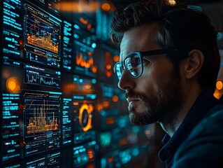 A man wearing glasses intently studies complex data on futuristic digital screens in a dark high tech environment