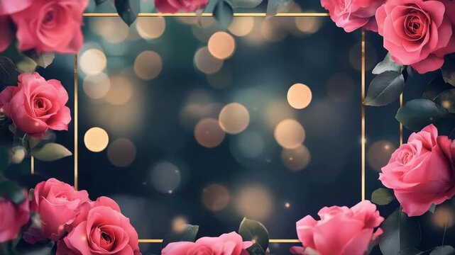 Elegant pink roses and leaves creating a border around golden rectangular frame over beautiful bokeh lights, perfect for romantic occasions