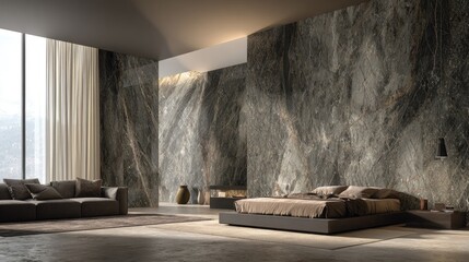 Modern interior design featuring dark gray stone wall.