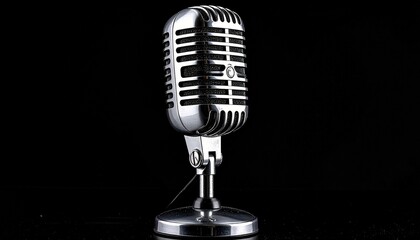 Vintage-style metallic microphone with horizontal grille lines and central emblem set against dark background