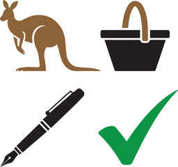 Kangaroo, picnic basket, pen and checkmark silhouette collection