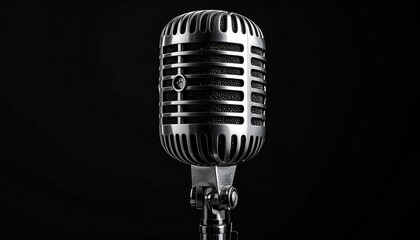 Vintage-style metallic microphone with horizontal grille lines and central emblem set against dark background