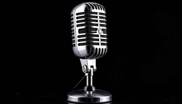 Vintage-style metallic microphone with horizontal grille lines and central emblem set against dark background