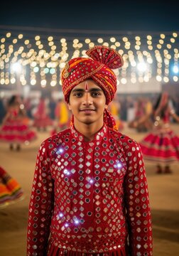 Joyful Indian Man in Vibrant Traditional Attire with Mirror Work, Celebrating a Cultural Festival