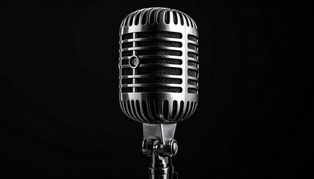 Vintage-style metallic microphone with horizontal grille lines and central emblem set against dark background