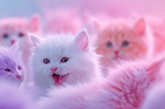 fluffy white and pink kittens, creating a dreamy, soft-focus effect against a pastel gradient background