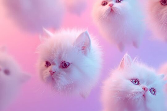fluffy white and pink kittens, creating a dreamy, soft-focus effect against a pastel gradient background