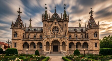 Obraz premium Ornate European Palace with Intricate Architectural Details and Gardens.