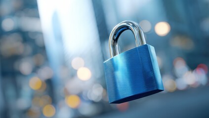 A blue padlock in the city