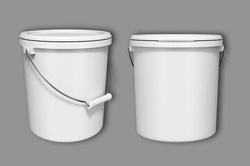 Plastic Paint Bucket Mockup. White plastic bucket with a lid and handle, ideal for storage or carrying items. 3d rendering.