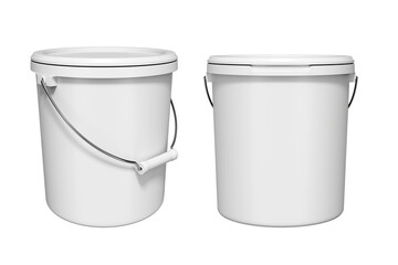 Plastic Paint Bucket Mockup. White plastic bucket with a lid and handle, ideal for storage or carrying items. 3d rendering.