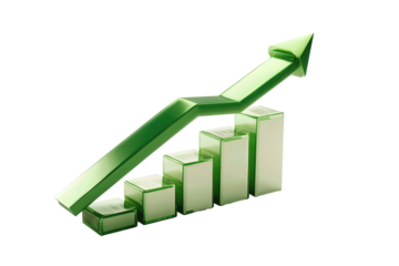 Upward chart graphic showing pale vertical bars with a bold green rising arrow, clean beveled styling and gradient shading, isolated on transparent background.
