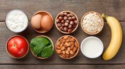 Healthy Food Arrangement with Eggs, Nuts, Vegetables, and Fruits on Wooden Table for Nutrition and Wellness Concepts