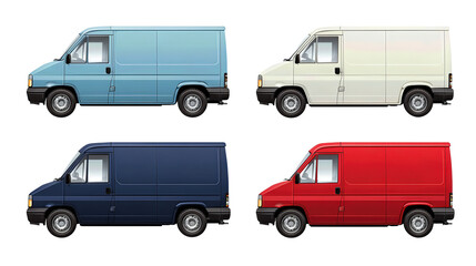 Fototapeta premium Set of four flat delivery vans in light blue, white, navy, and red, front-right view with consistent wheelbase and clean shading, evenly spaced, isolated on transparent background.