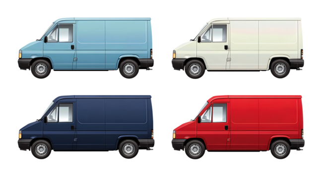 Set of four flat delivery vans in light blue, white, navy, and red, front-right view with consistent wheelbase and clean shading, evenly spaced, isolated on transparent background.