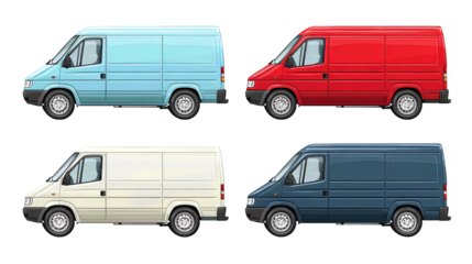 Set of four flat delivery vans in light blue, white, navy, and red, front-right view with consistent wheelbase and clean shading, evenly spaced, isolated on transparent background.