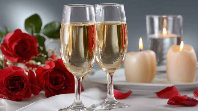 “Two champagne glasses with golden sparkling wine, surrounded by red roses, candles, and rose petals, creating a romantic Valentine’s Day setting.” 🥂🌹✨