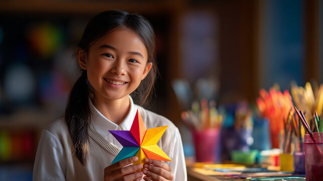 Young girl smiling while holding colorful paper star in art studio - Powered by Adobe