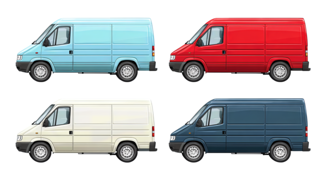 Set of four flat delivery vans in light blue, white, navy, and red, front-right view with consistent wheelbase and clean shading, evenly spaced, isolated on transparent background.
