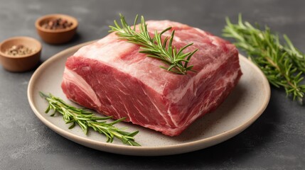 Fototapeta premium Fresh Raw Pork Loin on Plate with Rosemary Sprigs and Spices in Bowls, Perfect for Culinary Recipes and Food Photography Insights