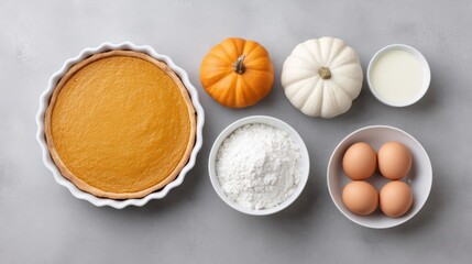 Freshly Baked Pumpkin Pie Ingredients for Autumn Dessert Preparation with Eggs, Flour, Cream, and Seasonal Decorative Pumpkins on Gray Surface