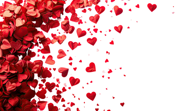 Red hearts cascade over a dark background